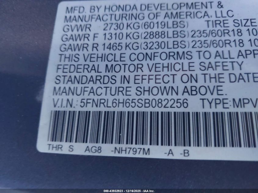 2025 Honda Odyssey Ex-L VIN: 5FNRL6H65SB082256 Lot: 43932923