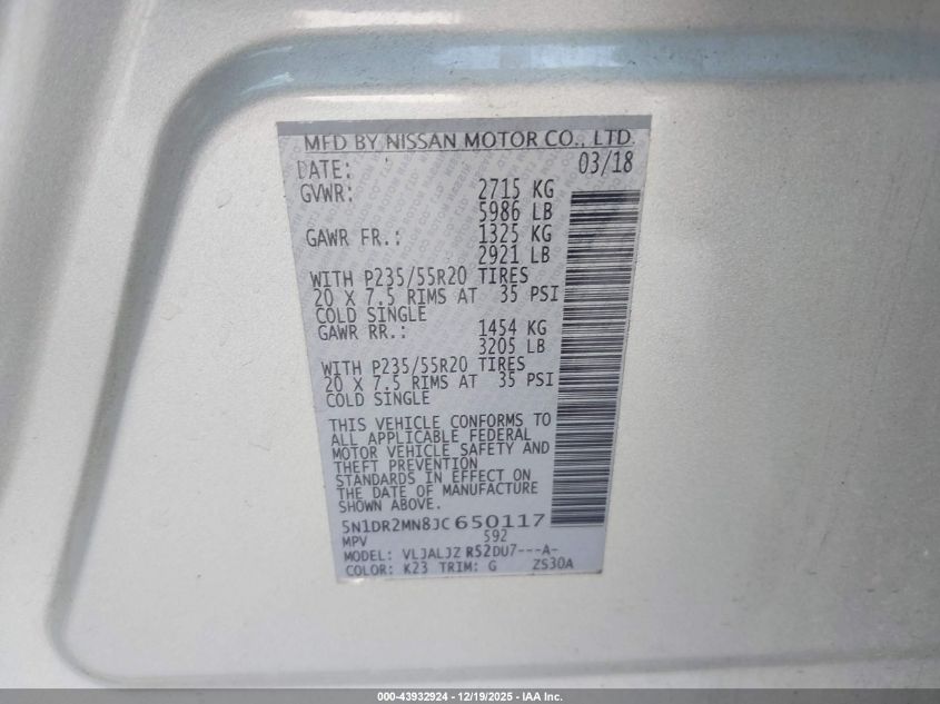 2018 Nissan Pathfinder Platinum VIN: 5N1DR2MN8JC650117 Lot: 43932924