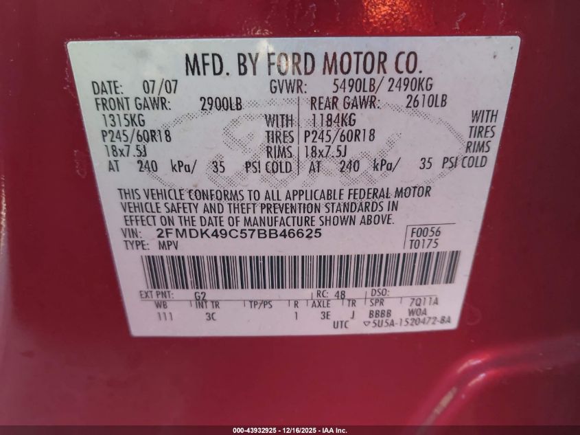 2007 Ford Edge Sel Plus VIN: 2FMDK49C57BB46625 Lot: 43932925