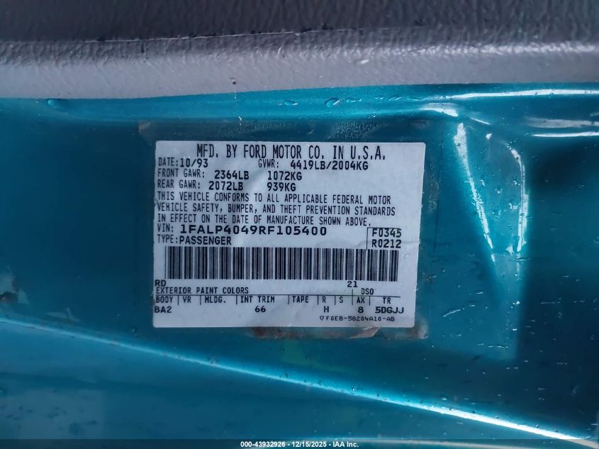 1994 Ford Mustang VIN: 1FALP4049RF105400 Lot: 43932926