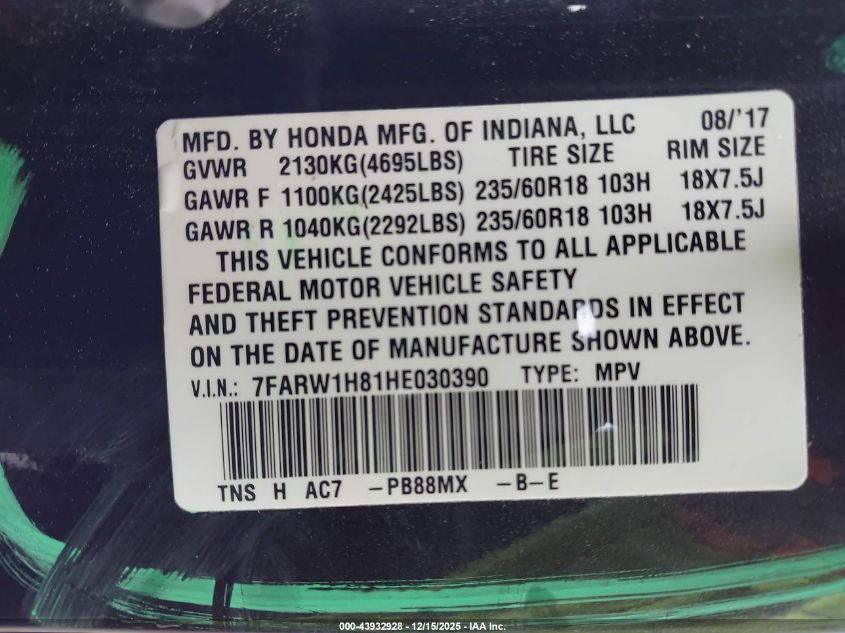 2017 Honda Cr-V Ex-L/Ex-L Navi VIN: 7FARW1H81HE030390 Lot: 43932928