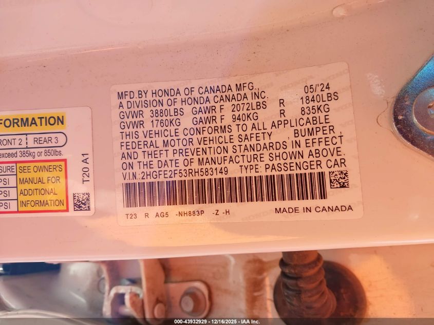 2024 Honda Civic Sport VIN: 2HGFE2F53RH583149 Lot: 43932929