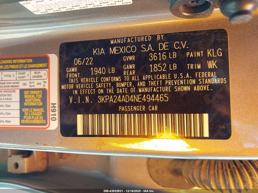 2022 Kia Rio S VIN: 3KPA24AD4NE494465 Lot: 43932931