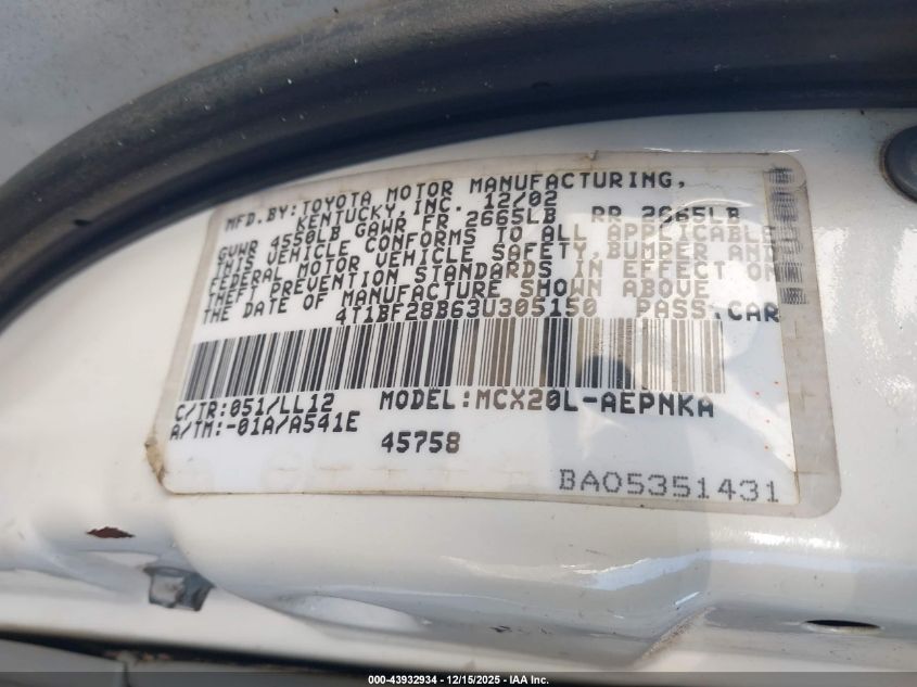 2003 Toyota Avalon Xl VIN: 4T1BF28B63U305150 Lot: 43932934