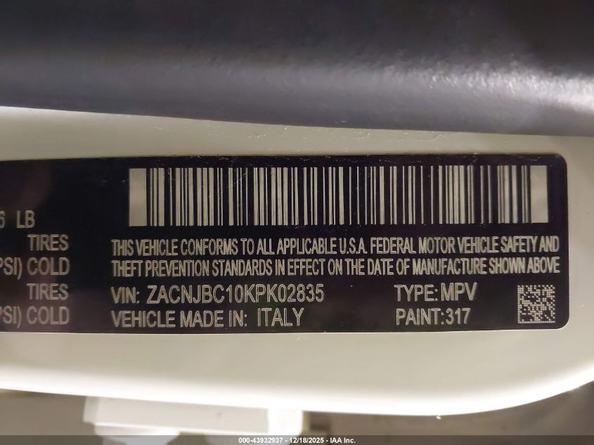 2019 Jeep Renegade Trailhawk 4X4 VIN: ZACNJBC10KPK02835 Lot: 43932937