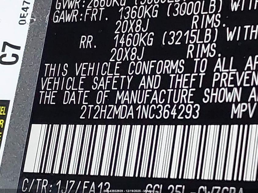 2022 Lexus Rx 350 VIN: 2T2HZMDA1NC364293 Lot: 43932939