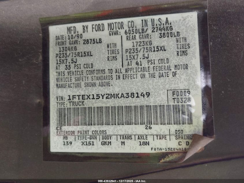 1991 Ford F150 VIN: 1FTEX15Y2MKA38149 Lot: 43932941