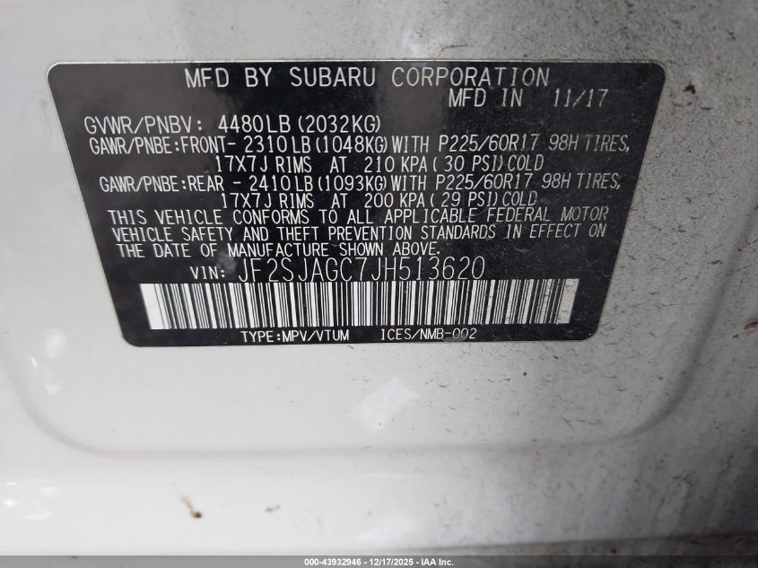 2018 Subaru Forester 2.5I Premium VIN: JF2SJAGC7JH513620 Lot: 43932946