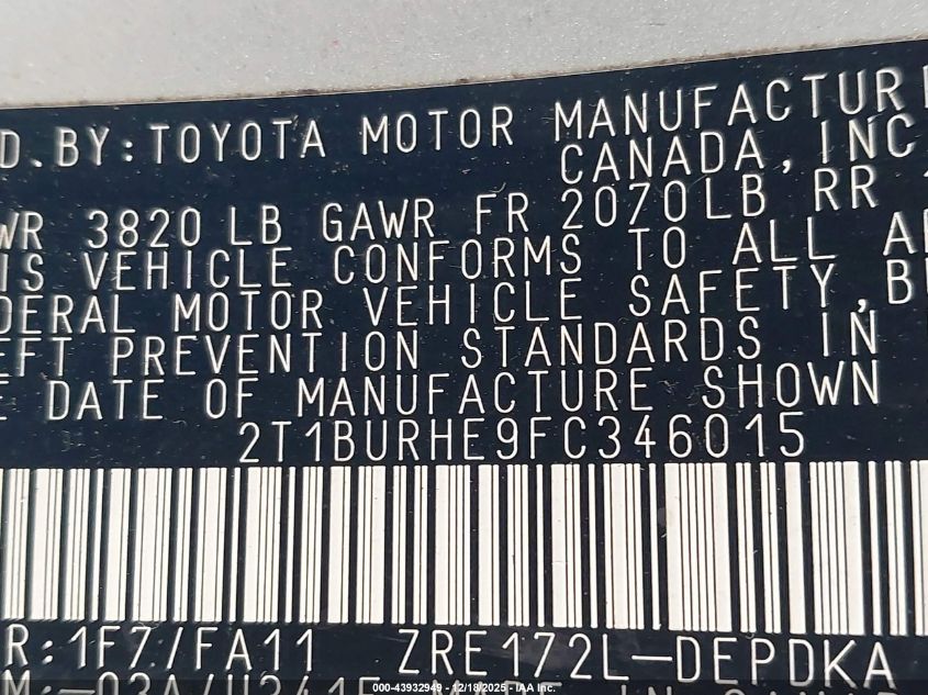 2015 Toyota Corolla L VIN: 2T1BURHE9FC346015 Lot: 43932949