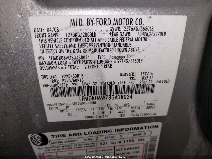 2008 Ford Taurus X Limited VIN: 1FMDK06W78GA38024 Lot: 43932951