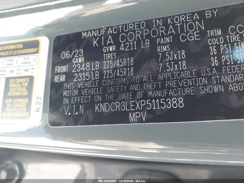 2023 Kia Niro Ex Touring VIN: KNDCR3LEXP5115388 Lot: 43932959