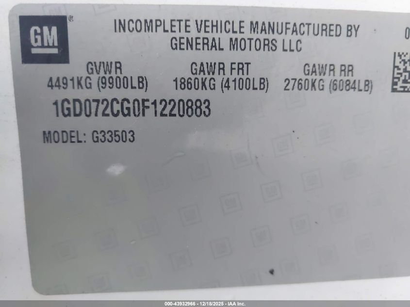 2015 GMC Savana Cutaway 3500 VIN: 1GD072CG0F1220883 Lot: 43932966