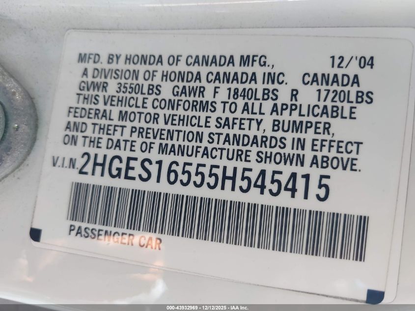 2005 Honda Civic Lx VIN: 2HGES16555H545415 Lot: 43932969