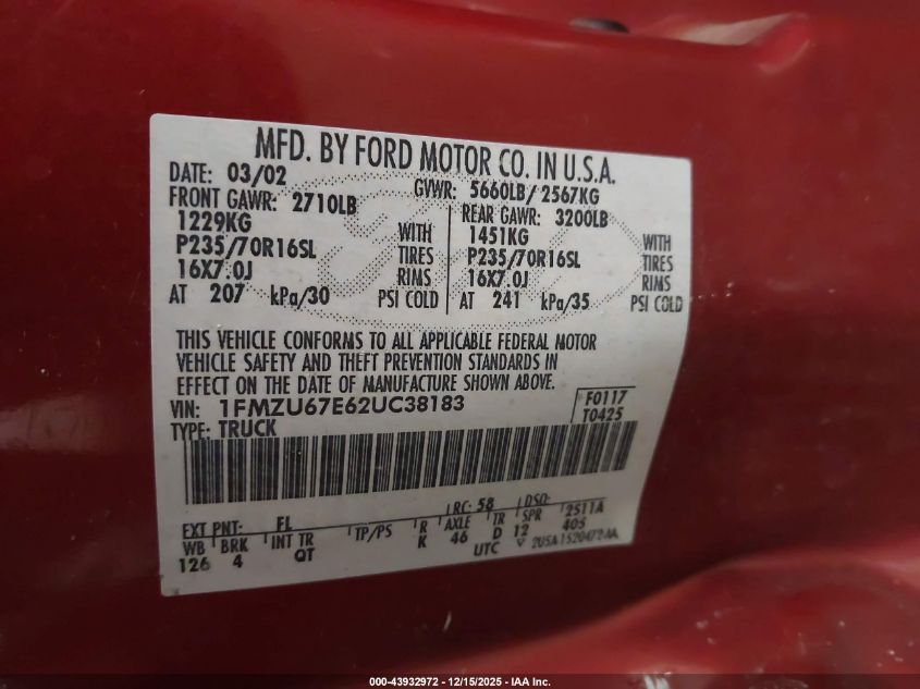 2002 Ford Explorer Sport Trac VIN: 1FMZU67E62UC38183 Lot: 43932972