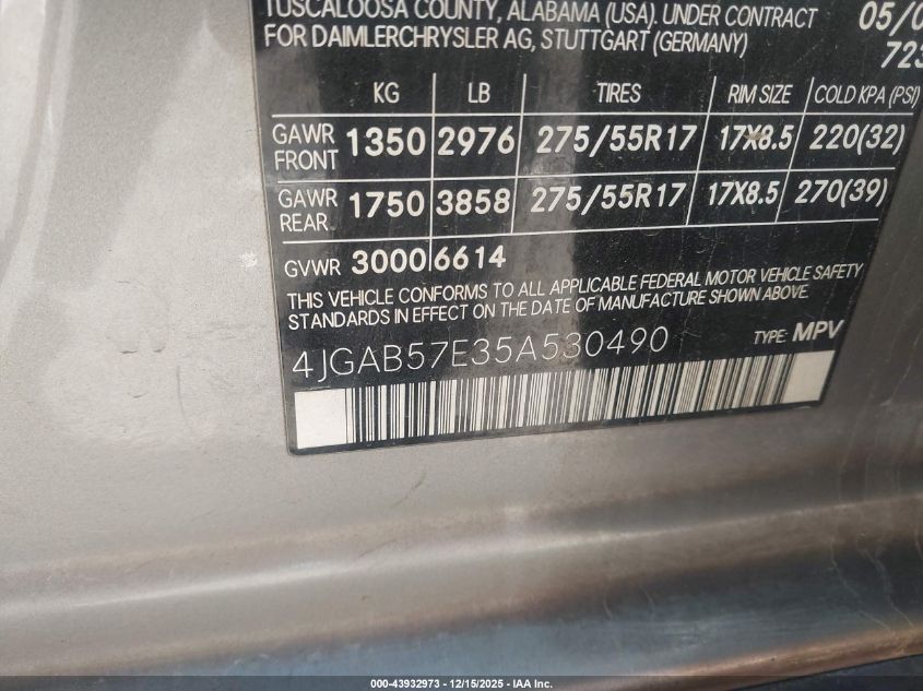 2005 Mercedes-Benz Ml 350 4Matic VIN: 4JGAB57E35A530490 Lot: 43932973