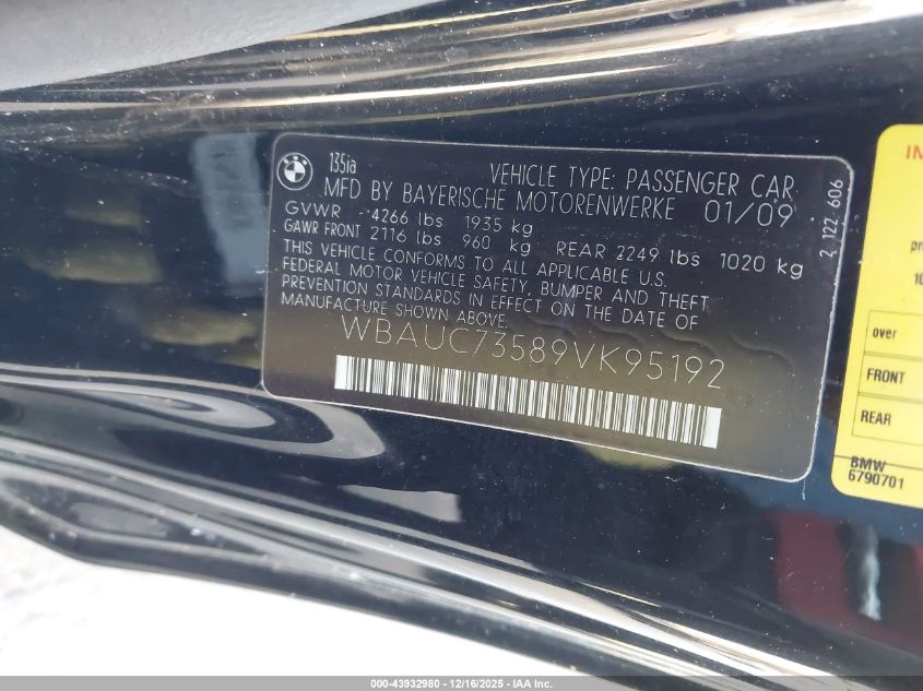 2009 BMW 135I VIN: WBAUC73589VK95192 Lot: 43932980