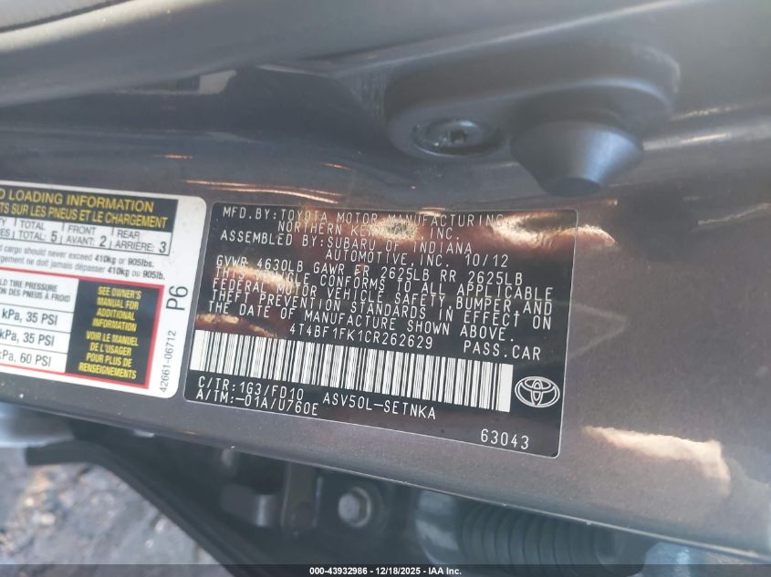 2012 Toyota Camry Le VIN: 4T4BF1FK1CR262629 Lot: 43932986