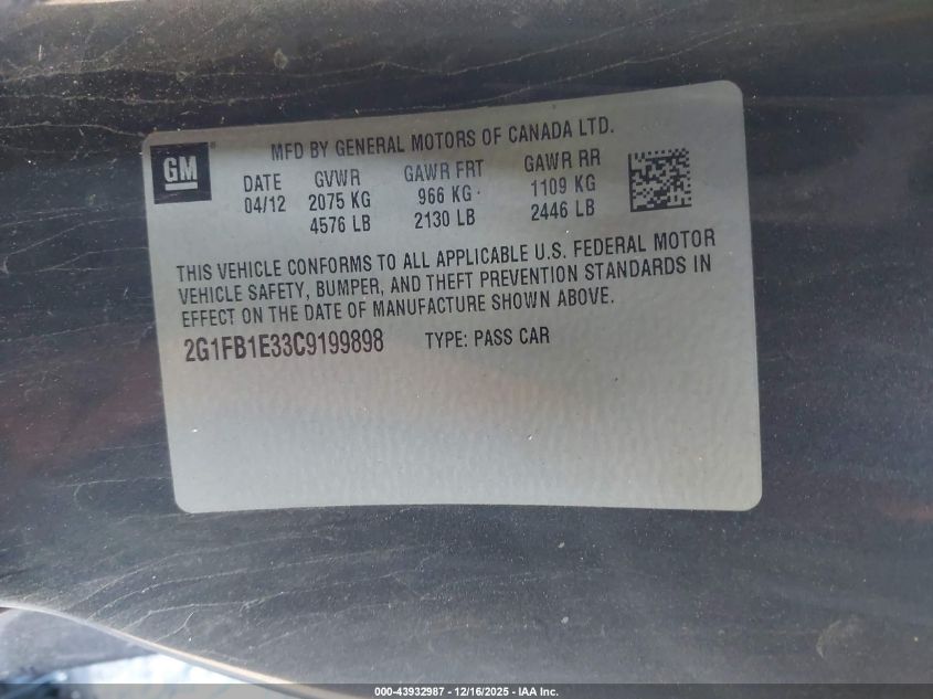 2012 Chevrolet Camaro 1Lt VIN: 2G1FB1E33C9199898 Lot: 43932987