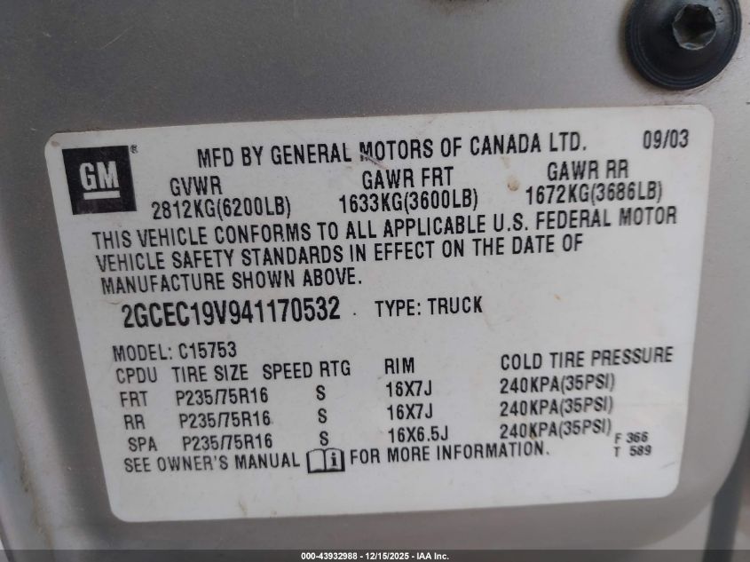 2004 Chevrolet Silverado 1500 Ls VIN: 2GCEC19V941170532 Lot: 43932988