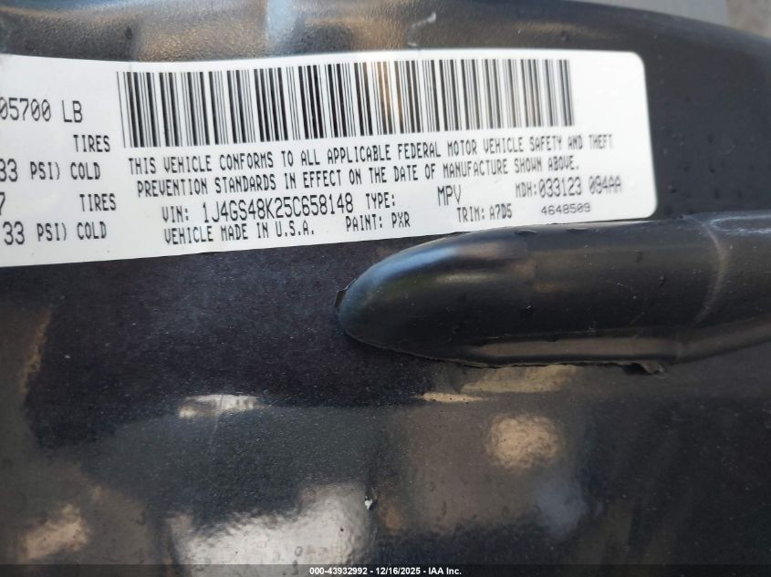 2005 Jeep Grand Cherokee Laredo VIN: 1J4GS48K25C658148 Lot: 43932992