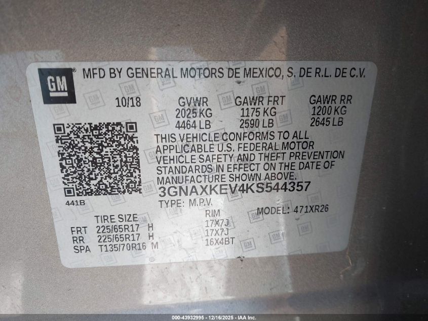 2019 Chevrolet Equinox Lt VIN: 3GNAXKEV4KS544357 Lot: 43932995