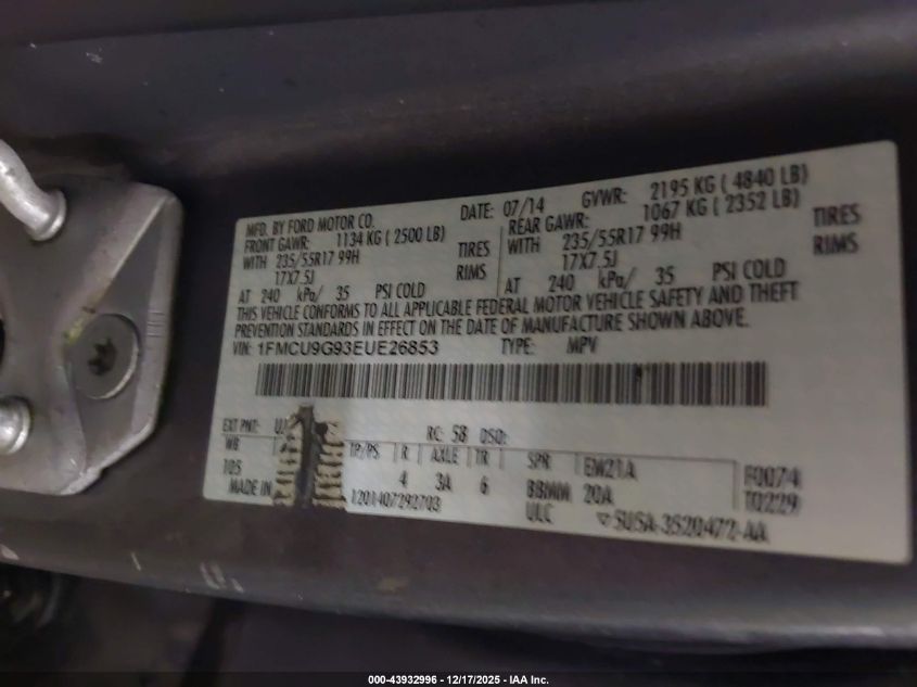 2014 Ford Escape Se VIN: 1FMCU9G93EUE26853 Lot: 43932996