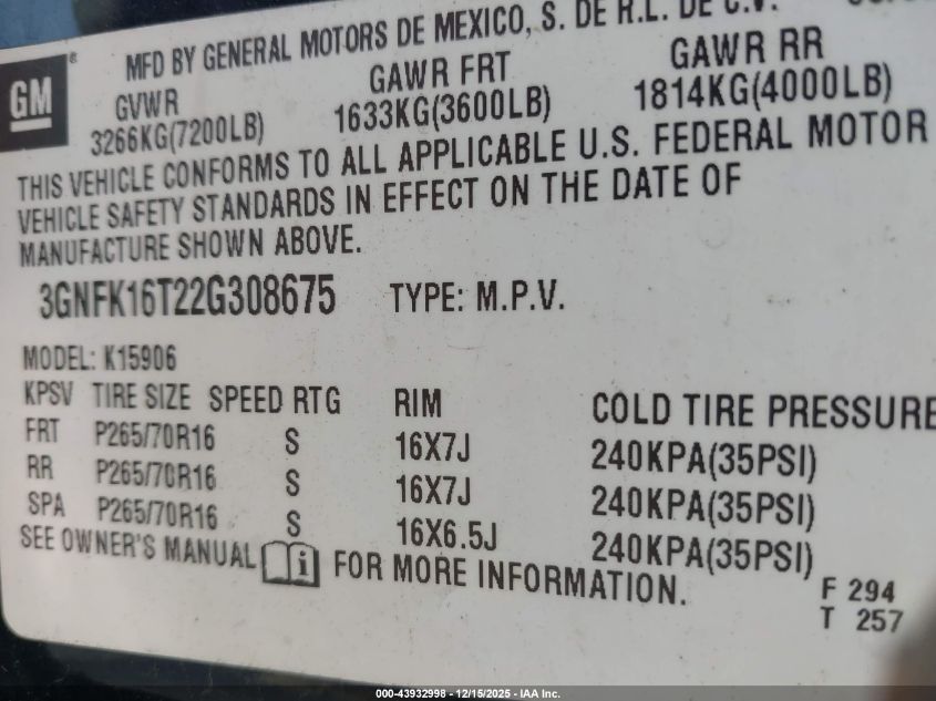 2002 Chevrolet Suburban 1500 Lt VIN: 3GNFK16T22G308675 Lot: 43932998