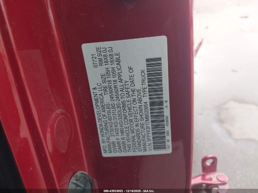 2021 Honda Ridgeline Awd Sport VIN: 5FPYK3F17MB020954 Lot: 43933002