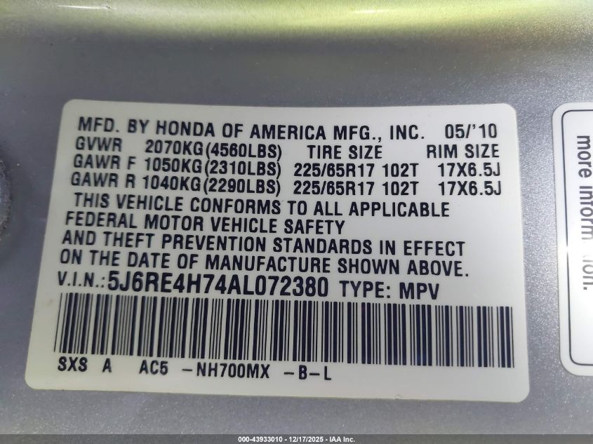 2010 Honda Cr-V Ex-L VIN: 5J6RE4H74AL072380 Lot: 43933010