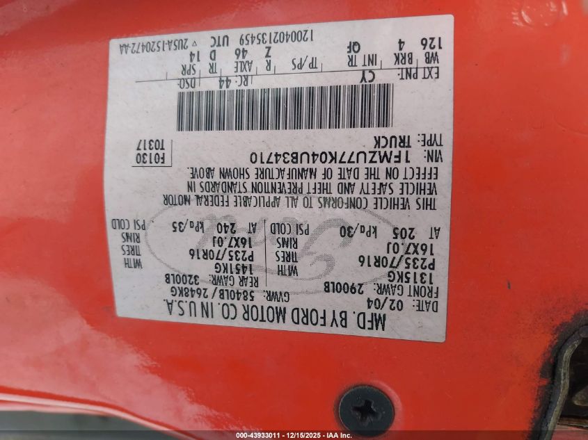 2004 Ford Explorer Sport Trac Adrenalin/Xls/Xlt VIN: 1FMZU77K04UB34710 Lot: 43933011