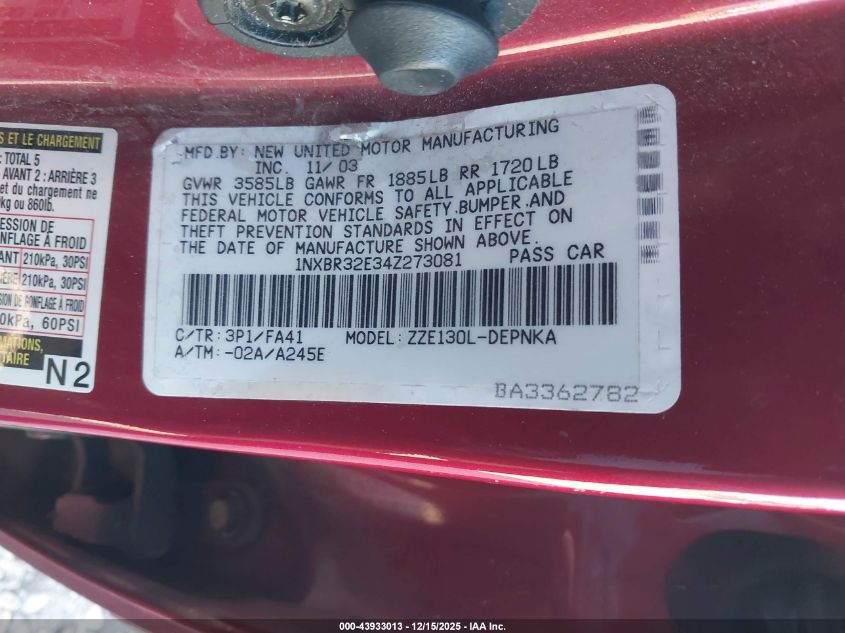 2004 Toyota Corolla Le VIN: 1NXBR32E34Z273081 Lot: 43933013