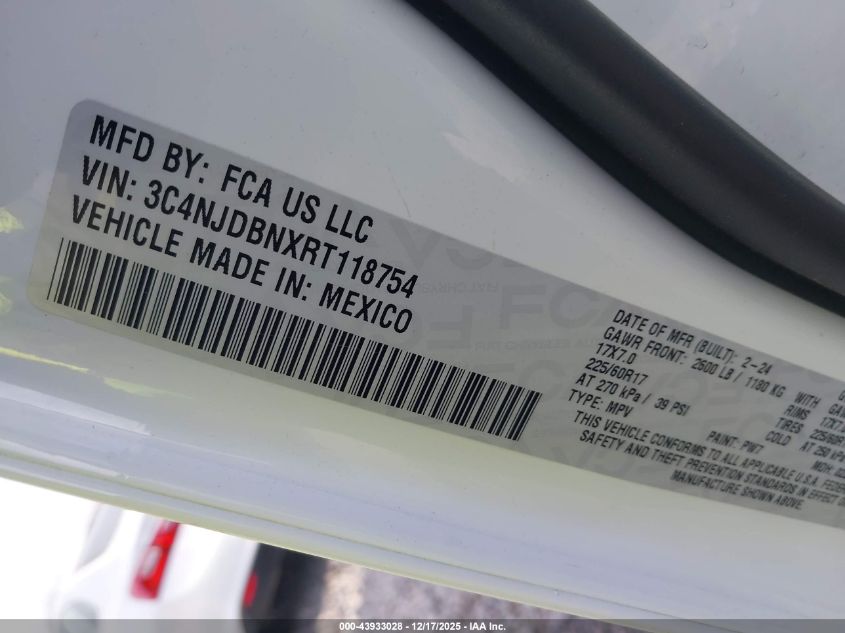 2024 Jeep Compass Latitude 4X4 VIN: 3C4NJDBNXRT118754 Lot: 43933028
