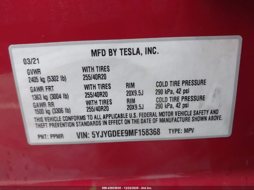 2021 Tesla Model Y Long Range Dual Motor All-Wheel Drive VIN: 5YJYGDEE9MF158368 Lot: 43933030