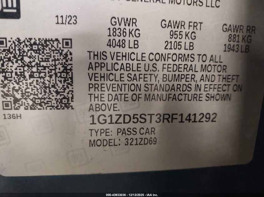VIN 1G1ZD5ST3RF141292 2024 CHEVROLET MALIBU FWD 1LT