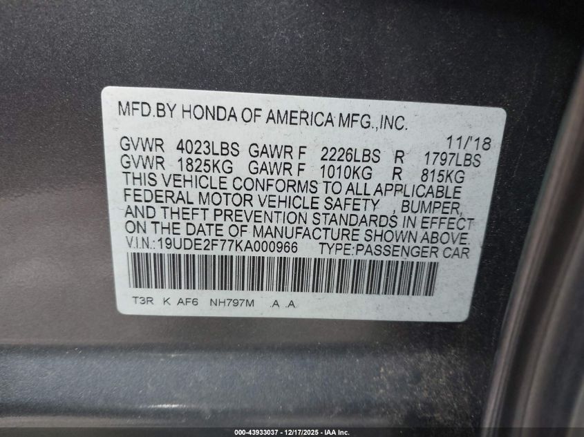 2019 Acura Ilx Premium Package/Technology Package VIN: 19UDE2F77KA000966 Lot: 43933037