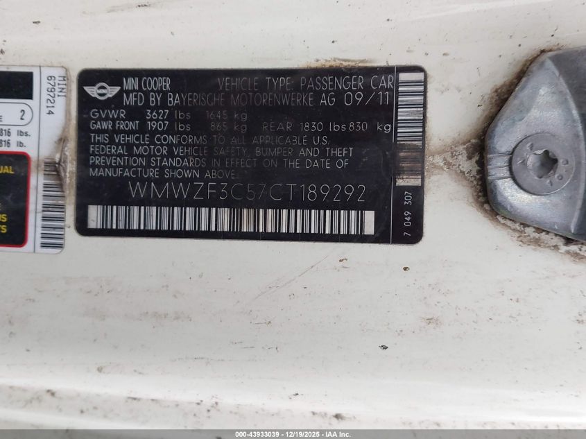 2012 Mini Cooper Clubman VIN: WMWZF3C57CT189292 Lot: 43933039