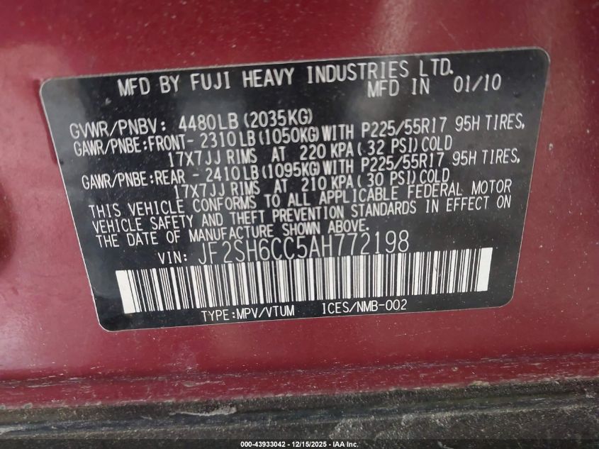 2010 Subaru Forester 2.5X Premium VIN: JF2SH6CC5AH772198 Lot: 43933042
