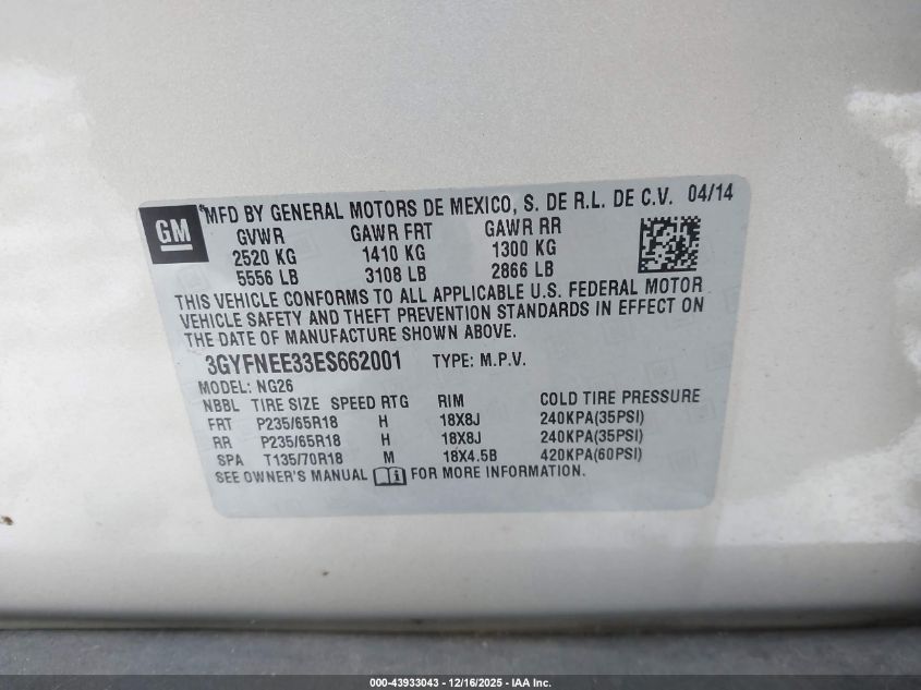 2014 Cadillac Srx Luxury Collection VIN: 3GYFNEE33ES662001 Lot: 43933043