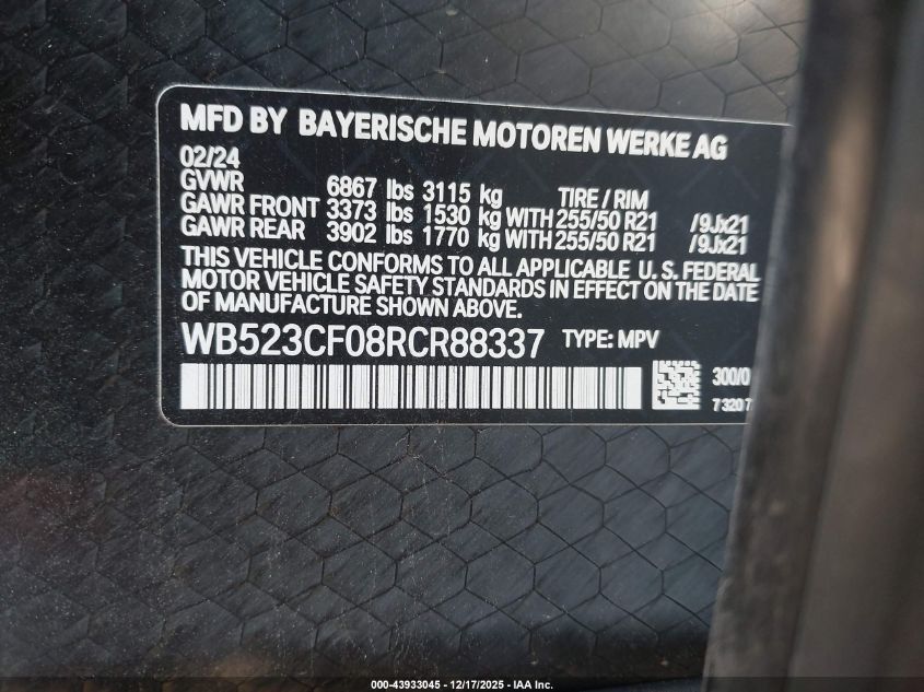 2024 BMW Ix xDrive50 VIN: WB523CF08RCR88337 Lot: 43933045