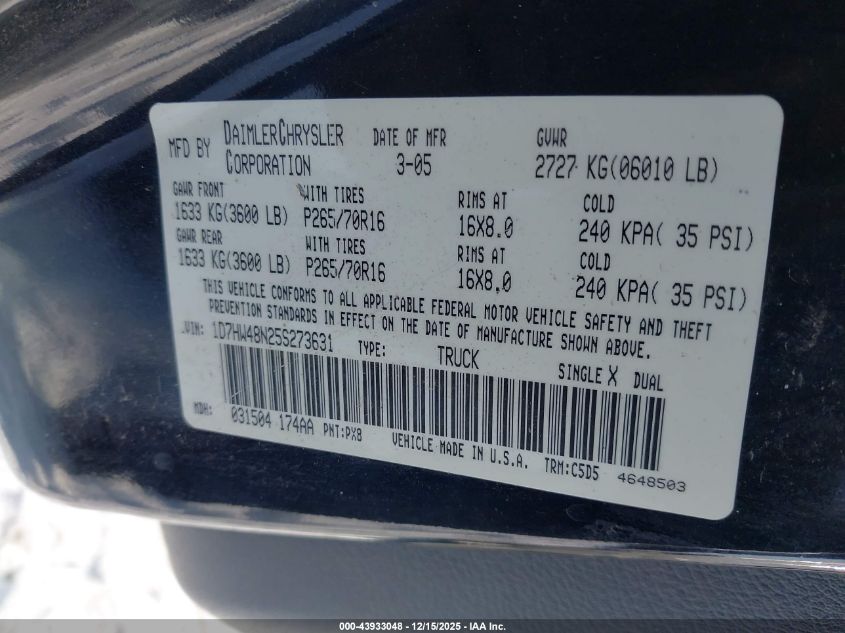 2005 Dodge Dakota Slt VIN: 1D7HW48N25S273631 Lot: 43933048