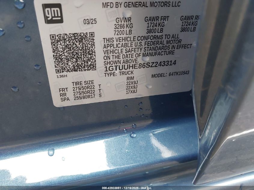 2025 GMC Sierra 1500 4Wd Short Box Denali Ultimate VIN: 1GTUUHE86SZ243314 Lot: 43933051