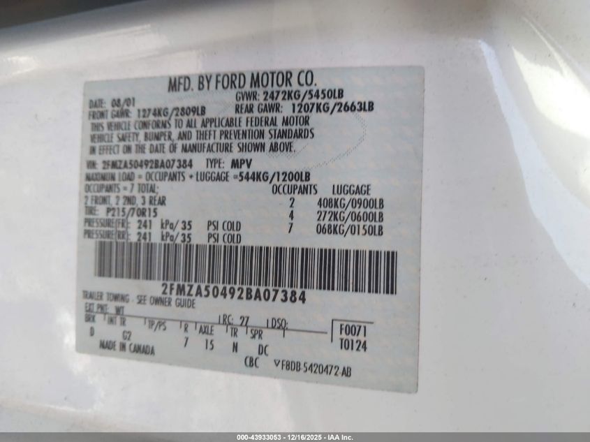 2002 Ford Windstar Lx VIN: 2FMZA50492BA07384 Lot: 43933053