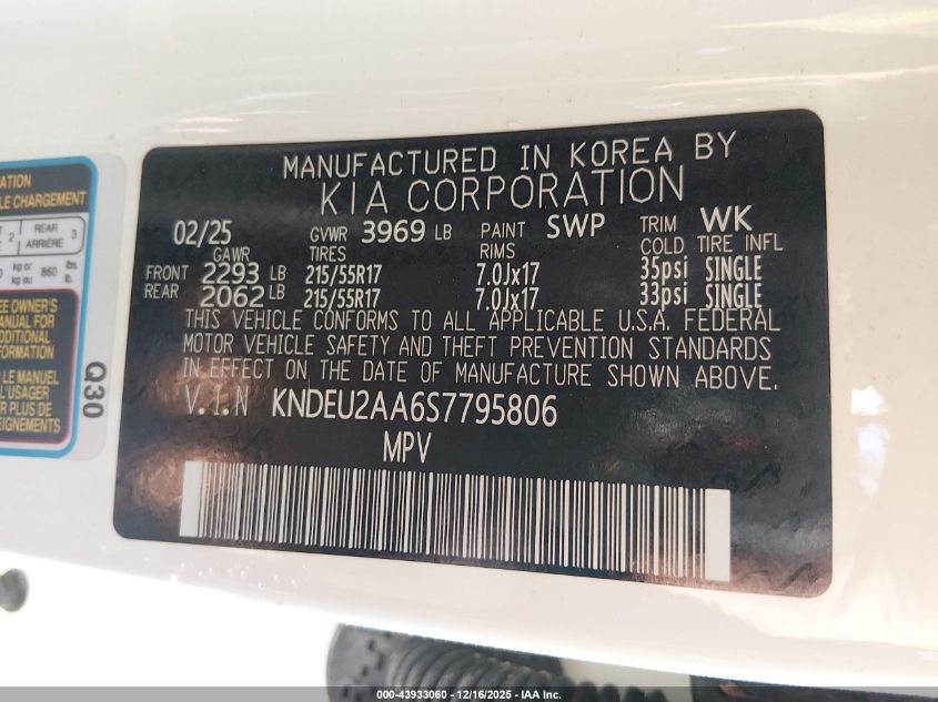 2025 Kia Seltos S VIN: KNDEU2AA6S7795806 Lot: 43933060