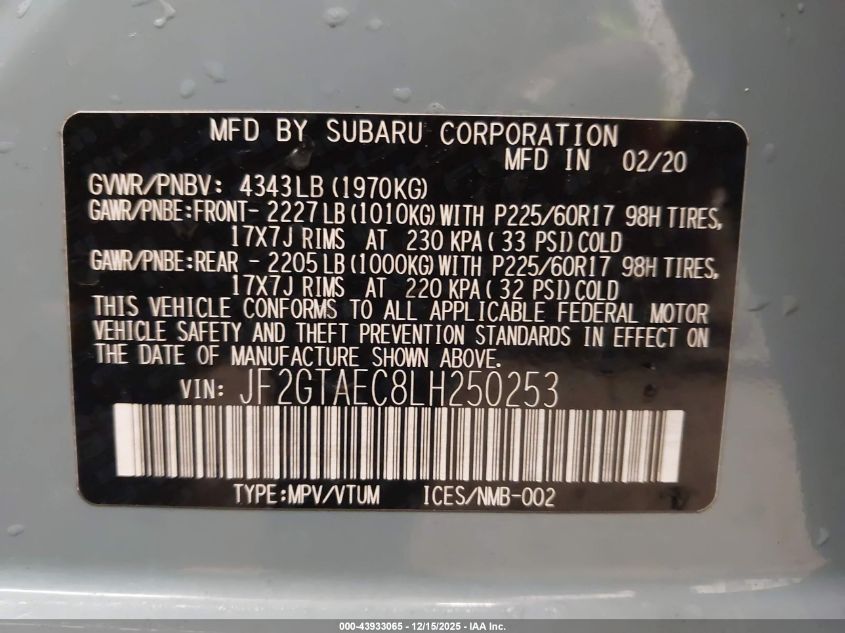 2020 Subaru Crosstrek Premium VIN: JF2GTAEC8LH250253 Lot: 43933065