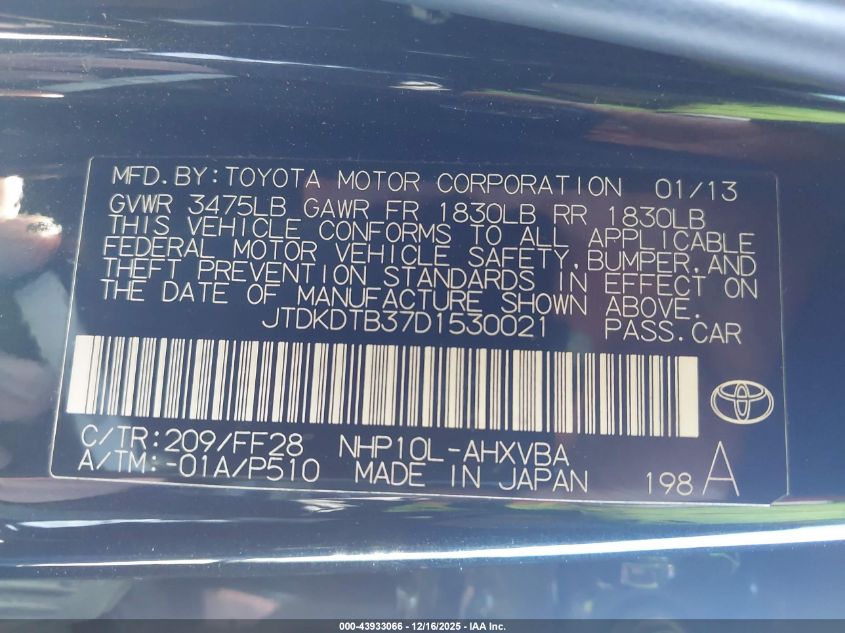 2013 Toyota Prius C Two VIN: JTDKDTB37D1530021 Lot: 43933066