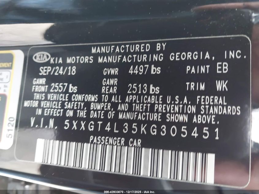 2019 Kia Optima Lx VIN: 5XXGT4L35KG305451 Lot: 43933070