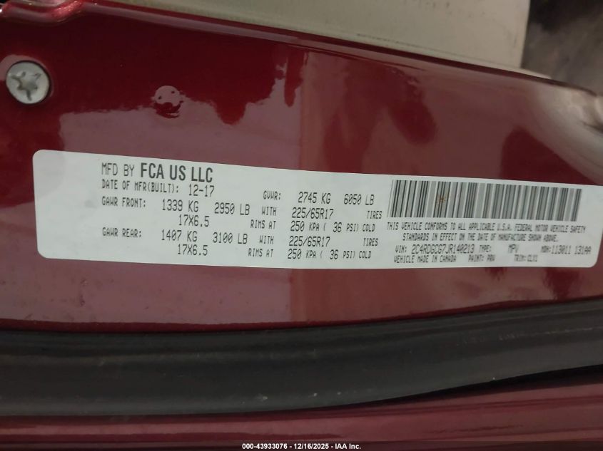 2018 Dodge Grand Caravan Sxt VIN: 2C4RDGCG7JR140213 Lot: 43933076