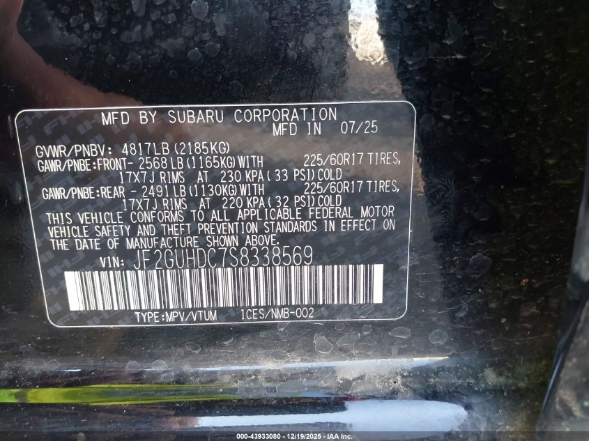 2025 Subaru Crosstrek Premium VIN: JF2GUHDC7S8338569 Lot: 43933080
