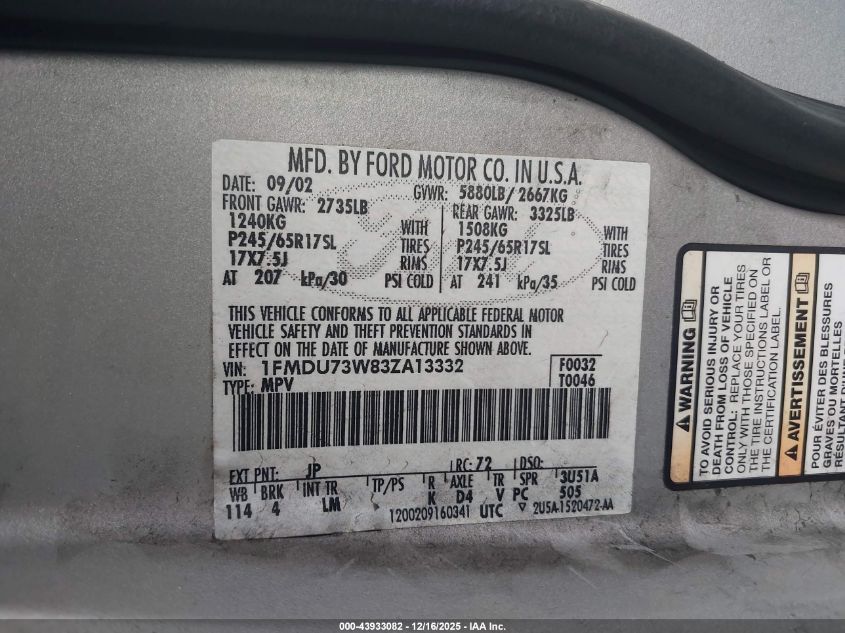 2003 Ford Explorer Nbx/Xlt VIN: 1FMDU73W83ZA13332 Lot: 43933082