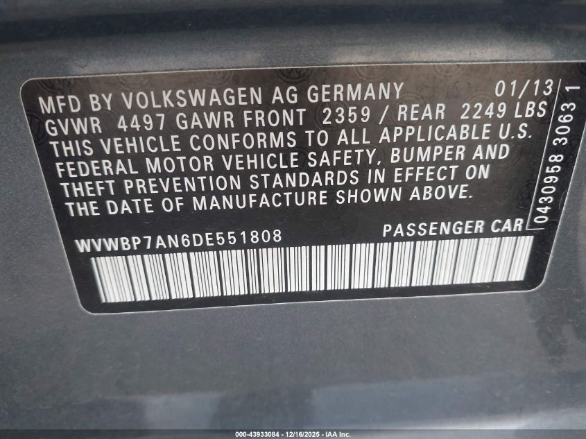 2013 Volkswagen Cc 2.0T Sport VIN: WVWBP7AN6DE551808 Lot: 43933084